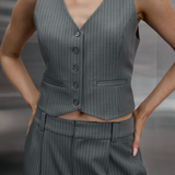 Crop Waistcoat - Grey Pinstripe